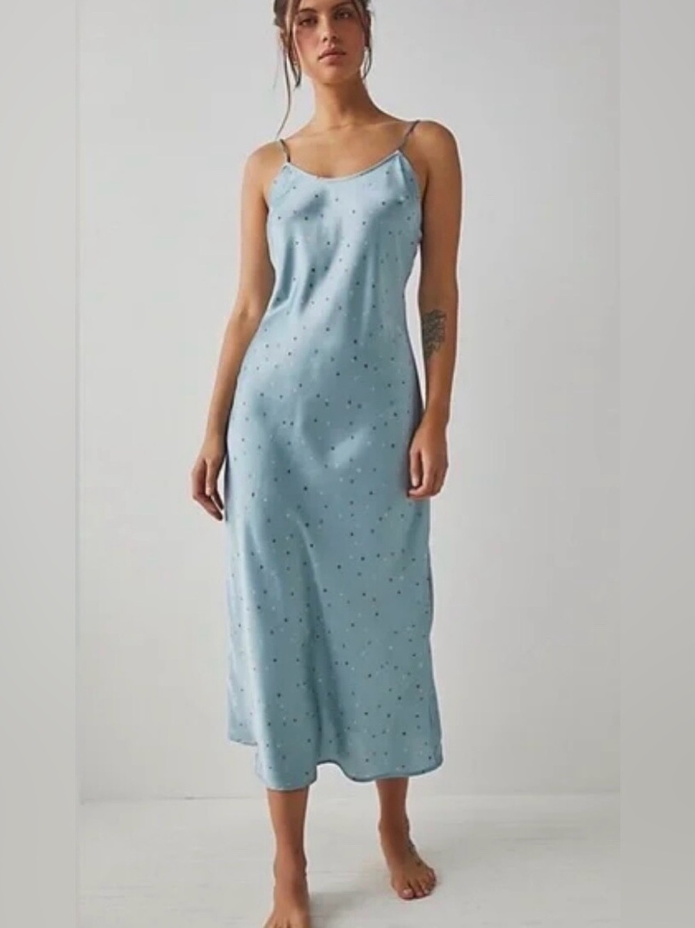 Free People Intimately Blue Heart Print Satin Slip Midi Dress Size S/P NWT